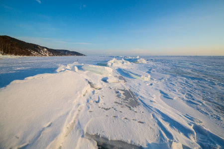 Hummocks on Lake Baikal, the deepest and largest freshwater lake by volume in the world, located in southern Siberia, Russiaの写真素材