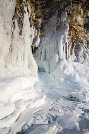 Icicles on the rocks on Olkhon island, Baikal lake, Siberia, Russiaの写真素材
