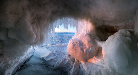 Ice cave on island Olkhon at Baikal Lake, Siberia, Russia