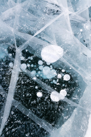 Lake Baikal in winter, the deepest and largest freshwater lake by volume in the world, located in southern Siberia, Russiaの写真素材