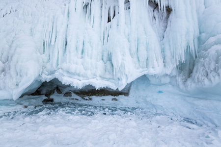 Icicles on the rocks on Olkhon island, Baikal lake, Siberia, Russiaの写真素材