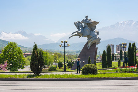 Statue to the great commander Issa Pliev sitting on a horse in Vladikavkaz, the capital city of North Ossetia-Alania, Russiaのeditorial素材