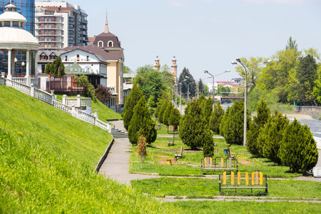 VLADIKAVKAZ, RUSSIA - MAY 06, 2021: Embankment of Terek river in Vladikavkaz, the capital city of...