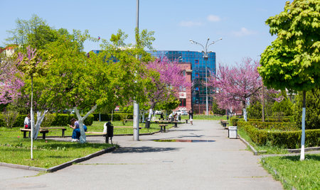 VLADIKAVKAZ, RUSSIA - MAY 06, 2021: City park in Vladikavkaz, the capital city of North Ossetia-Alania, Russiaのeditorial素材