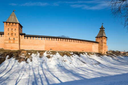 View on old wall of Kremlin in Novgorod the Greatのeditorial素材