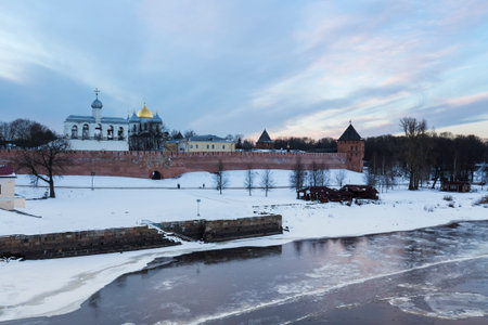 Panoramic view of Volkhov river and Kremlin, Novgorod The Great, Russiaのeditorial素材