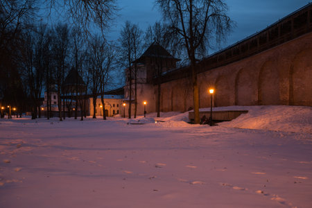View on old wall of Kremlin in Novgorod the Great, Russiaのeditorial素材