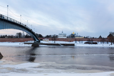 View of Volkhov river and Novgorod Kremlin, Russiaのeditorial素材