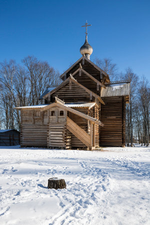Old church at open-air museum of wooden architecture Vitoslavlitsy, Novgorod the Great, Russiaのeditorial素材