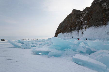 Coast of lake Baikal in winter, the deepest and largest freshwater lake by volume in the world,...