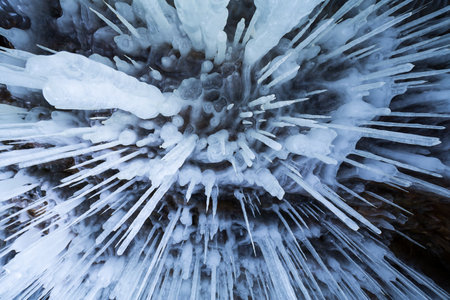 Icicles on the rocks on Olkhon island, Baikal lake, Siberia, Russiaの写真素材