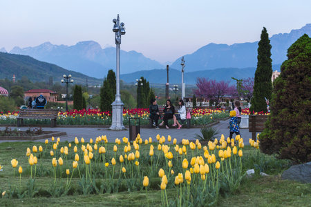 VLADIKAVKAZ, RUSSIA - MAY 06, 2021: City park in Vladikavkaz, the capital city of North Ossetia-Alania, Russiaのeditorial素材