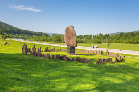 KABARDINO-BALKARIA, RUSSIA - MAY 16, 2021: Monument in the Caucasus mountains in Kabardino-Balkaria, Russiaのeditorial素材