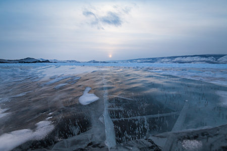 Lake Baikal in winter, the deepest and largest freshwater lake by volume in the world, located in southern Siberia, Russiaの写真素材