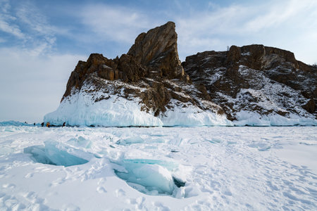 Coast of lake Baikal in winter, the deepest and largest freshwater lake by volume in the world, located in southern Siberia, Russiaの写真素材