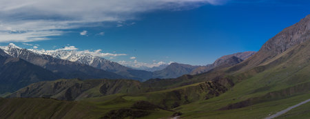Panoramic view of the Caucasus mountains in Ingushetia, Russiaの写真素材