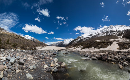 Panoramic view of Baksan river in the Caucasus mountains in Kabardino-Balkaria, Russiaの写真素材