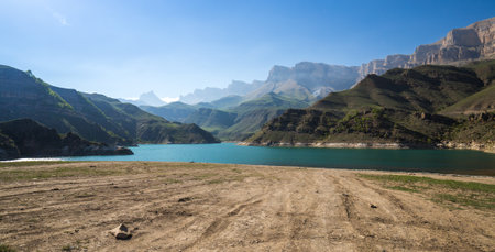 Panoramic view of Bylym lake in the Caucasus mountains in Kabardino-Balkaria, Russiaの写真素材