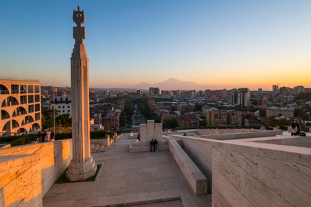 YEREVAN, ARMENIA - OCTOBER 09, 2021: Panoramic view of mount Ararat and city of Yerevan from the...