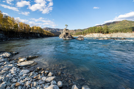 View of river Katun and Altay mountains in the autumn, Siberia, Russiaの写真素材