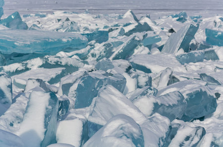 Hummocks on Lake Baikal, the deepest and largest freshwater lake by volume in the world, located in...