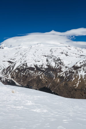 Panoramic view of the mount Elbrus from the mount Cheget in Kabardino-Balkaria, Russia
