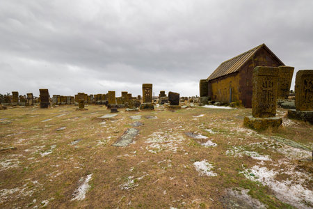 View of Noratus cemetery in Armenia, a medieval cemetery with many early khachkars located in the village of Noratus, Gegharkunik Provinceの写真素材