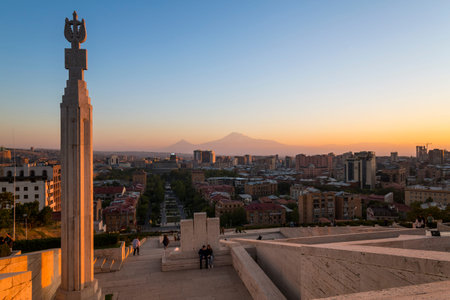 Panoramic view of mount Ararat and city of Yerevan from the Cascade building, Armenia