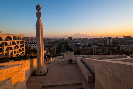 Panoramic view of mount Ararat and city of Yerevan from the Cascade building, Armenia