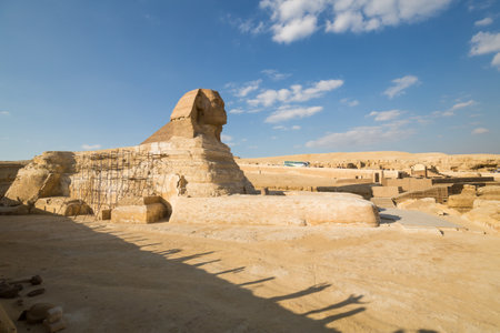 CAIRO, EGYPT - JANUARY 18, 2022: The Great Sphinx of Giza is a limestone statue of a reclining sphinx, a mythical creature with the head of a human and the body of a lion, Egyptのeditorial素材