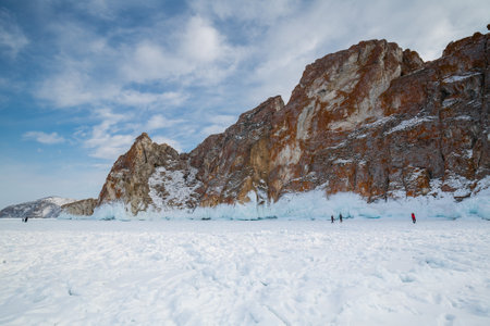 Coast of lake Baikal in winter, the deepest and largest freshwater lake by volume in the world, located in southern Siberia, Russiaの写真素材