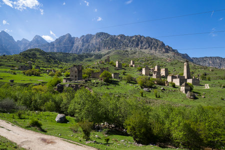 Egikal complex of battle towers in Ingushetia, Northern Caucasus, Russiaの写真素材