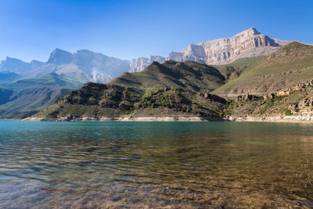 Panoramic view of Bylym lake in the Caucasus mountains in Kabardino-Balkaria, Russiaの写真素材