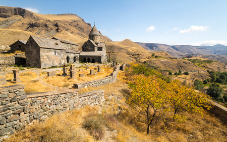 View of Vorotnavank, a monastic complex located along a ridge overlooking the Vorotan gorge in the Syunik Province of Armeniaの写真素材