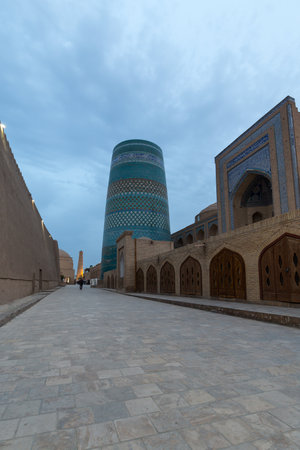 Kaltaminor is a memorial minaret, located on the front side of the Muhammad Amin Khan madrasa in Khiva, Uzbekistanの写真素材