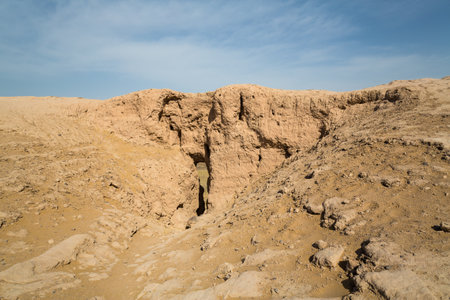 The ruins of an ancient Zoroastrian Tower of Silence (Chilpik Dakhma) in the Chilpik region of Karakalpakstan, an autonomous territory of Uzbekistanの写真素材