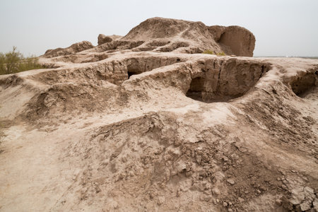 Ruins of ancient Toprak-Kala Fortress in the Kyzylkum desert, Karakalpakstan, Uzbekistanの写真素材