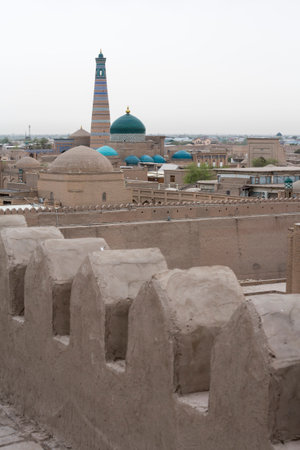 View of Itchan Kala, the walled inner town of the city of Khiva, Uzbekistanの写真素材