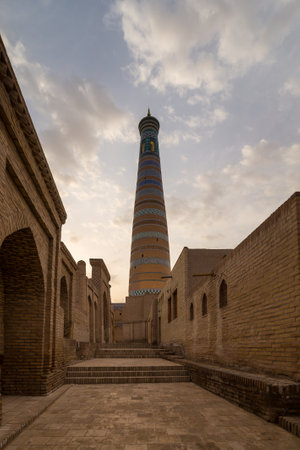Islam Khodja Minaret in the Itchan Kala, the historic old town of Khiva in Uzbekistanの写真素材