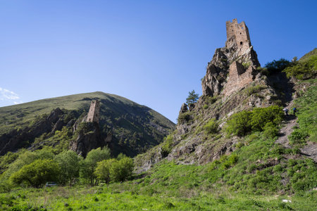 Vovnushki - complex of medieval Ingush guard towers, located in Caucasus mountains, Russia