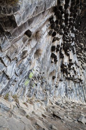 Basalt columns in Garni Gorge, carved out by the Goght River and called the Symphony of the Stones,...