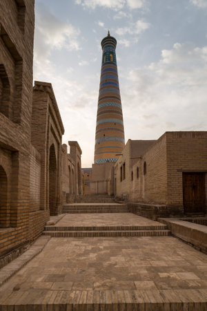 Islam Khodja Minaret in the Itchan Kala, the historic old town of Khiva in Uzbekistanの写真素材