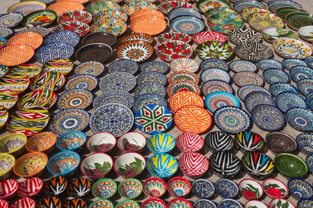 View of plates in the souvenir shop of Bukhara, Uzbekistanの写真素材