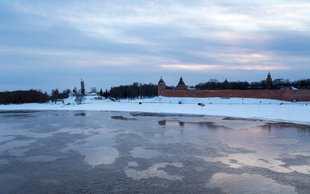 View of Volkhov river and Novgorod Kremlin, Russiaの写真素材