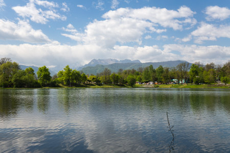 View of the lake in the city park of Vladikavkaz, capital of North Ossetia-Alania Republic; Russiaの写真素材