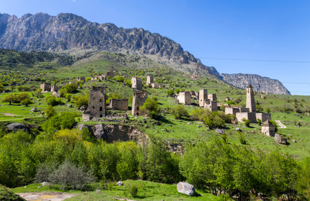 Egikal complex of battle towers in Ingushetia, Northern Caucasus, Russiaの写真素材