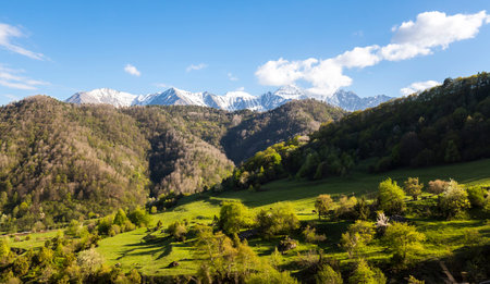 Panoramic view of the Caucasus mountains in Ingushetia, Russia