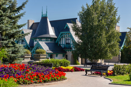HRYASCHEVKA VILLAGE, SAMARA REGION, RUSSIA - AUGUST 01, 2023: View of medieval half-timbered house in park of the touristic complex of Garibaldi Castle, popular tourist attraction at summer vacationsのeditorial素材