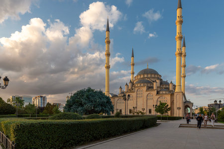 GROZNY, CHECHEN REPUBLIC, RUSSIA - SEPTEMBER 22, 2023: View of the park and Akhmad Kadyrov Mosque...