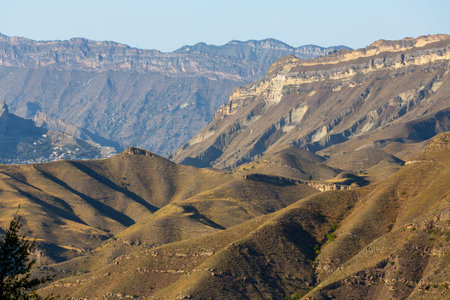 Panoramic view of autumn landscape in the mountains of Dagestan, Republic in the North Caucasus,...